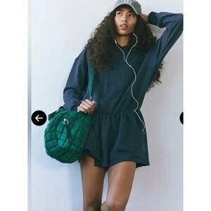 Free People Such a Flirt Romper Navy Blue Hooded Open Back Long Sleeve XS, S NEW